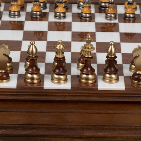 Beech Wood Chess Table with Alabaster Top and Stylized Chess Set