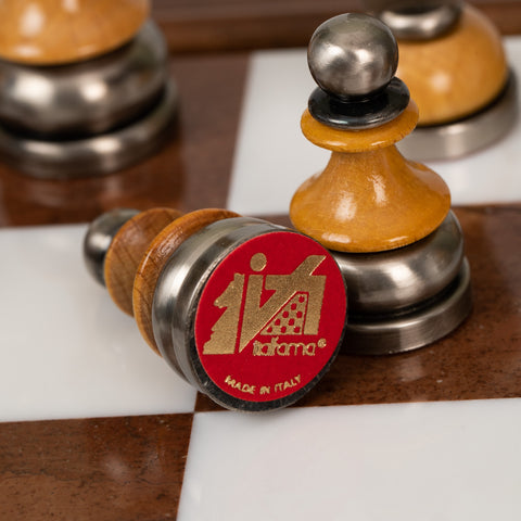 Beech Wood Chess Table with Alabaster Top and Stylized Chess Set