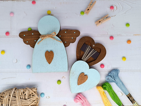 Wooden Bead Storage Box with Blue Angel Design, Kind Fox by Wizardi, Plywood Craft Organizer, 13.2 × 12 × 1.2 cm