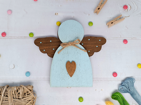 Wooden Bead Storage Box with Blue Angel Design, Kind Fox by Wizardi, Plywood Craft Organizer, 13.2 × 12 × 1.2 cm