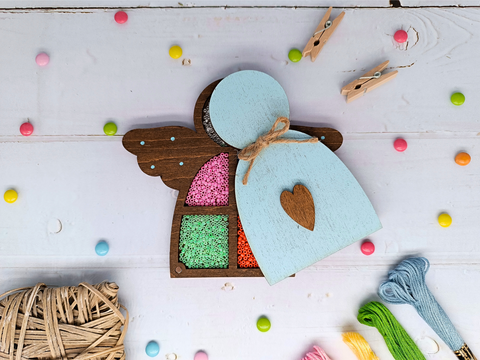 Wooden Bead Storage Box with Blue Angel Design, Kind Fox by Wizardi, Plywood Craft Organizer, 13.2 × 12 × 1.2 cm