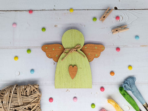 Wooden Bead Storage Box with Green Angel Motif, 3 mm Plywood, 13.2 × 12 × 1.2 cm, Kind Fox by Wizardi
