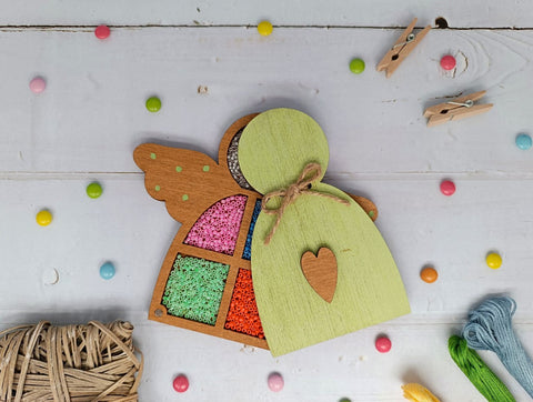 Wooden Bead Storage Box with Green Angel Motif, 3 mm Plywood, 13.2 × 12 × 1.2 cm, Kind Fox by Wizardi