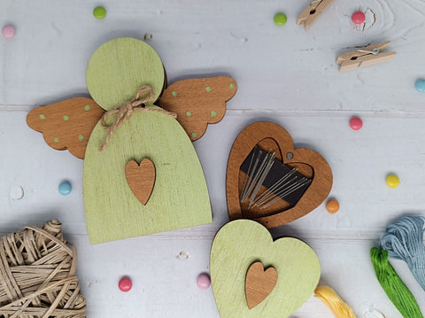 Wooden Bead Storage Box with Green Angel Motif, 3 mm Plywood, 13.2 × 12 × 1.2 cm, Kind Fox by Wizardi