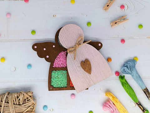 Wooden Bead Storage Box with Pink Angel Design, Birch Plywood, 13.2 × 12 × 1.2 cm, Kind Fox by Wizardi