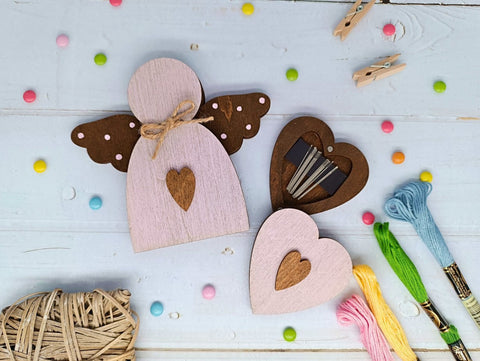 Wooden Bead Storage Box with Pink Angel Design, Birch Plywood, 13.2 × 12 × 1.2 cm, Kind Fox by Wizardi