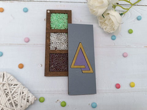 Wooden Bead Storage Box with Purple Triangle Design, 3 mm Plywood, 4.5 × 11.5 cm, Kind Fox by Wizardi