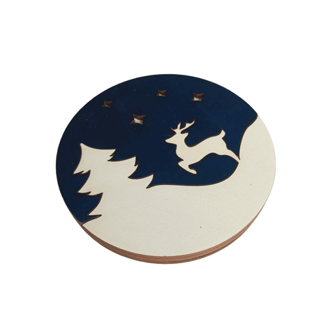 Bead Storage Box for Craft Supplies, Winter Deer Design, 3 mm Plywood, Natural Wood, 10 x 10 x 1.2 cm, Kind Fox