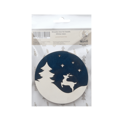Bead Storage Box for Craft Supplies, Winter Deer Design, 3 mm Plywood, Natural Wood, 10 x 10 x 1.2 cm, Kind Fox