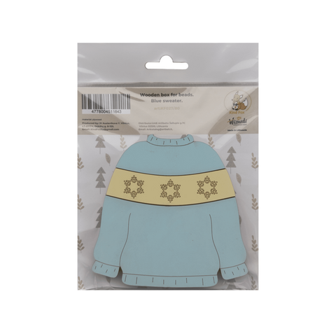 Wooden Bead Organizer Box, Blue Sweater Design, 3 mm Plywood, 11 x 11 x 1.2 cm, Craft and Embroidery Storage, Kind Fox