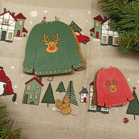 Christmas Sweater Bead Organizer Box, 3 mm Plywood, 11 x 11 x 1.2 cm, Kind Fox by Wizardi