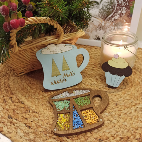 Wooden Bead Organizer Box, Blue Cup Design, 3 mm Plywood, 11 x 9.5 x 1.2 cm, Kind Fox by Wizardi
