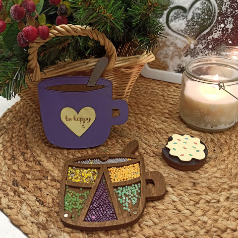 Wooden Bead Organizer Tray, Purple Cup Design, 11 x 11 x 1.2 cm, 3 mm Plywood, Kind Fox by Wizardi