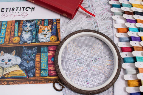 Bookshelf Cross Stitch Kit, LetiStitch 32x22cm, Zweigart Aida 16ct, 100% Luca-S Cotton Threads, Black Symbol Chart