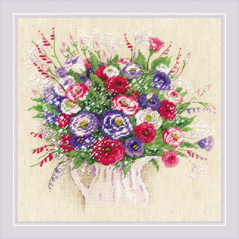 Bouquet with Eustoma and Gypsophila cross stitch kit by RIOLIS Ref. no.: 1947 - Hobby.lt 🇬🇧