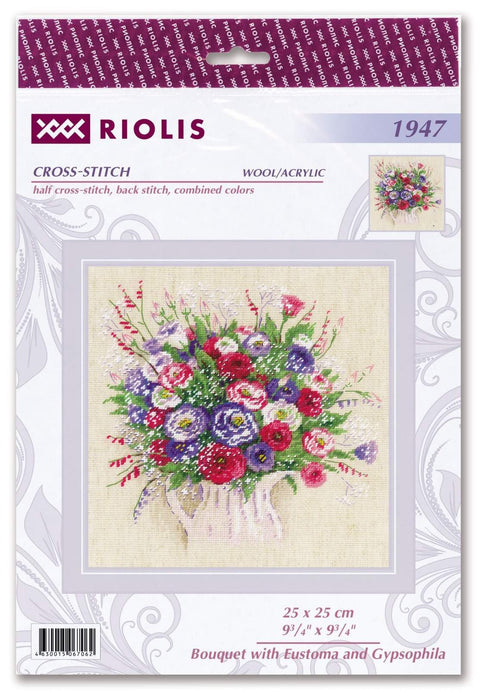 Bouquet with Eustoma and Gypsophila cross stitch kit by RIOLIS Ref. no.: 1947 - Hobby.lt 🇬🇧