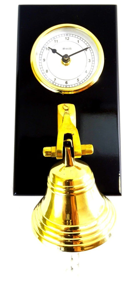 Brass Clock and Bell on a wooden base WWB - Hobby.lt 🇬🇧