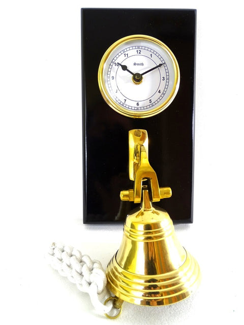 Brass Clock and Bell on a wooden base WWB