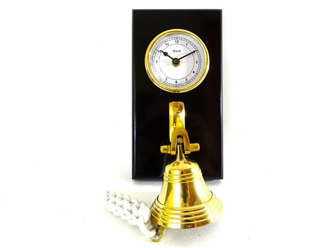 Brass Clock and Bell on a wooden base WWB