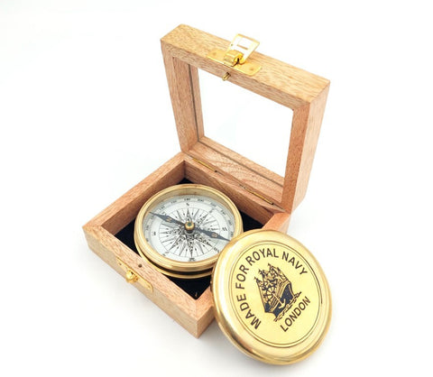 Brass compass in a wooden box - C-57A