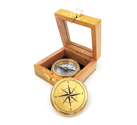 Brass compass in a wooden box - C-57R