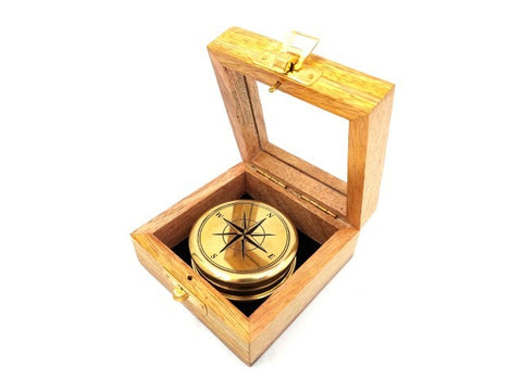 Brass compass in a wooden box - C-57R