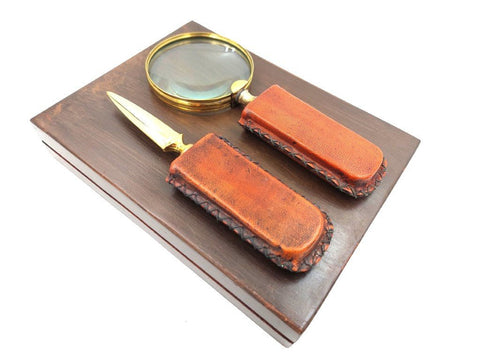 Brass Magnifier and Paper Knife Leather Hand | MFPCSOL - Hobby.lt 🇬🇧