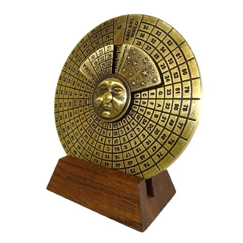 Brass Perpetual Calendar on wooden base  H27