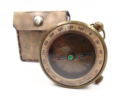 Brass retro compass in leather case - C0006