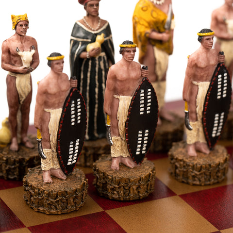 BRITISH VS ZULU: Handpainted Chess Set with Chessboard & Box & Checker Set