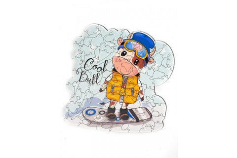 Bull on a snowboard - unique WOODEN puzzle 103 pcs - Hobby.lt 🇬🇧