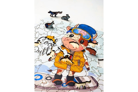 Bull on a snowboard - unique WOODEN puzzle 103 pcs - Hobby.lt 🇬🇧