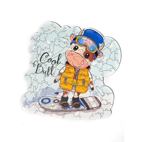 Bull on a snowboard - unique WOODEN puzzle 103 pcs