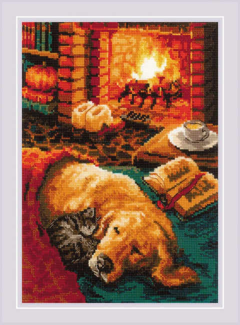 By The Fireplace. Cross Stitch kit by RIOLIS Ref. no.: 2004 - Hobby.lt 🇬🇧