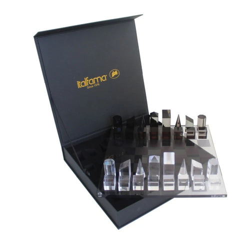 Modern Acrylic Chess Set, Geometric Pieces, Black and Clear, Made in Italy
