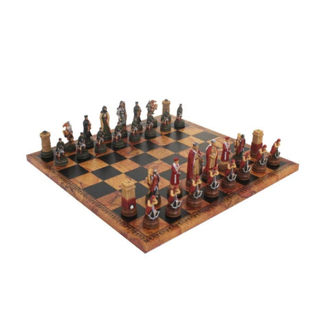 Medieval Camelot Chess Set, Hand-Painted Resin and Faux Leather Board, Italy