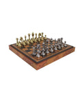 Italian Metal Chess Set with Faux Leather Board, Storage plus Checkers and Backgammon