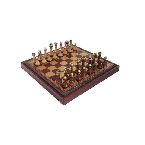 Italian Metal and Wood Chess Set, Faux Leather Board, Checkers and Backgammon