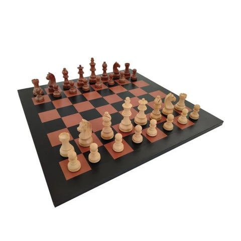 Handmade Acacia Wood Chess Set, Genuine Leather 44cm Board, Made in Italy