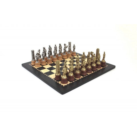 Romans vs Barbarians Chess Set, Metal and Wood Pieces, 40cm Wooden Board