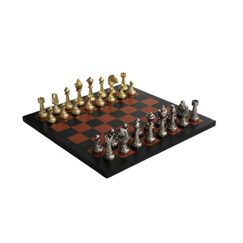 Luxury Chess Set, Metal Pieces, Gold and Silver Plated, Leather Board