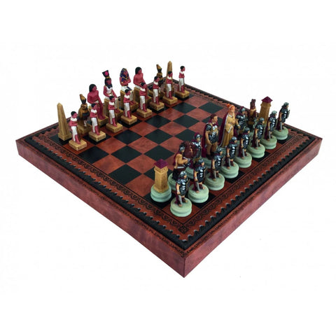 Romans vs Egyptians Chess Set, Resin, Faux Leather Board, Backgammon