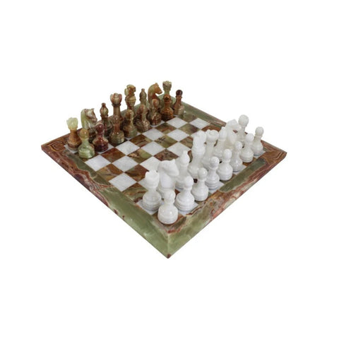 Handmade White and Onyx Marble Chess Set with Leather Case, Made in Italy 40cm