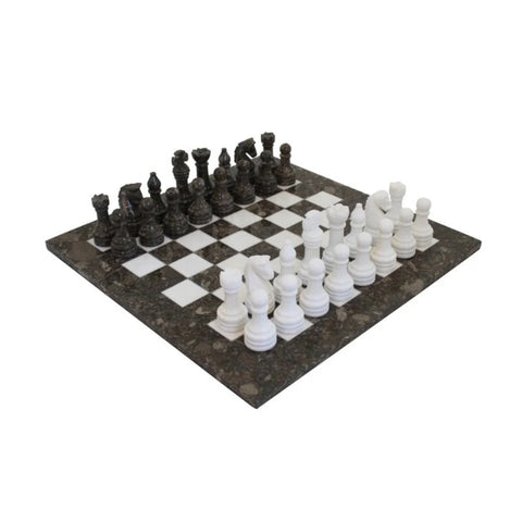 Handmade Gray and White Marble Chess Set with Leather Case, Made in Italy