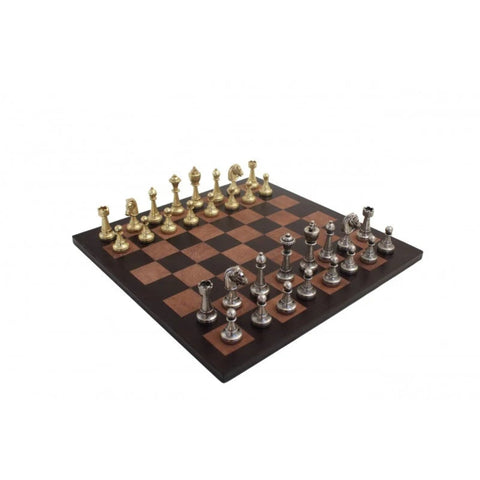 Handmade Metal Chess Set with Leather Board, Gold and Silver, Italian