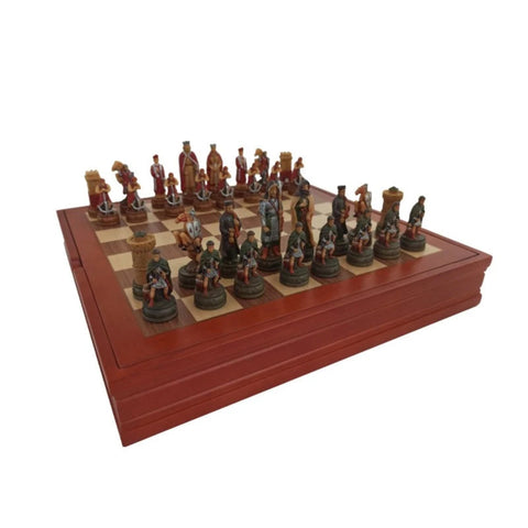 Camelot Chess Set, Hand Painted Resin Pieces, Walnut Maple Board with Storage