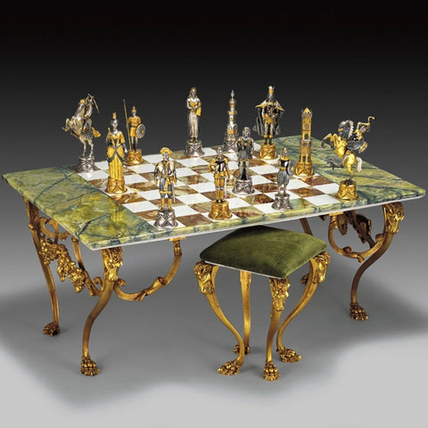 Luxury Handmade 24K Gold Bronze Chess Set with Onyx Table & Chairs