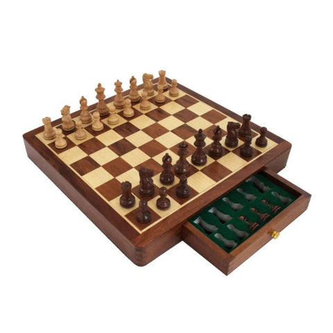 Italian Mahogany Chess Set, Wooden Board with Drawer, Handmade, Weighted