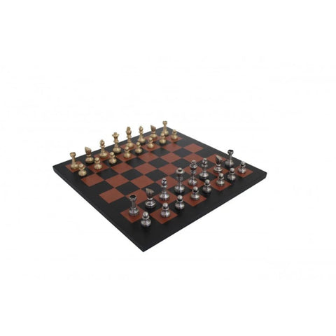 Luxury Brass Chess Set, Leather Board, Gold and Silver Plated, Handmade in Italy