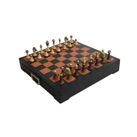 Italian Luxury Chess Set, Leather Board Drawer, Metal and Wood Pieces